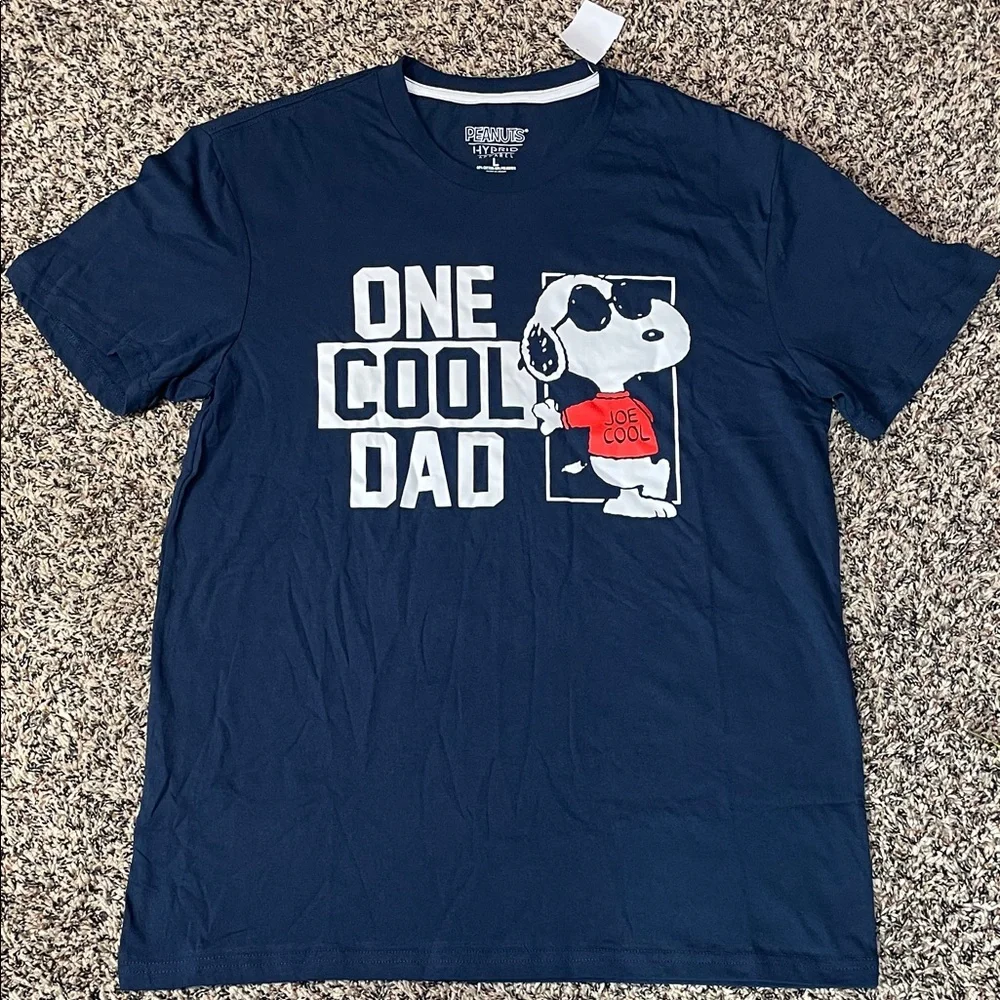 Peanuts Snoopy Navy Graphic “One Cool Dad” Mens Tee Shirt Var Sizes | NWT - Picture 1 of 3
